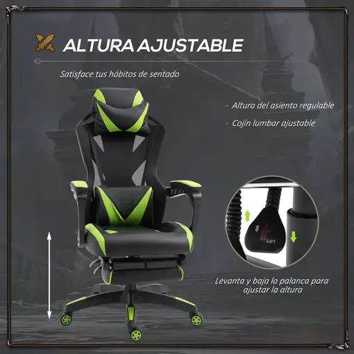 Silla Gaming Ergonómica Oficina Respaldo Regulable 65x70x117-125cmVerde Vinsetto