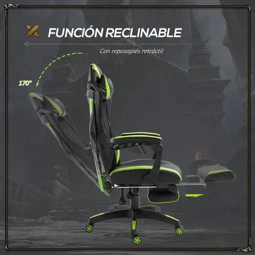 Silla Gaming Ergonómica Oficina Respaldo Regulable 65x70x117-125cmVerde Vinsetto