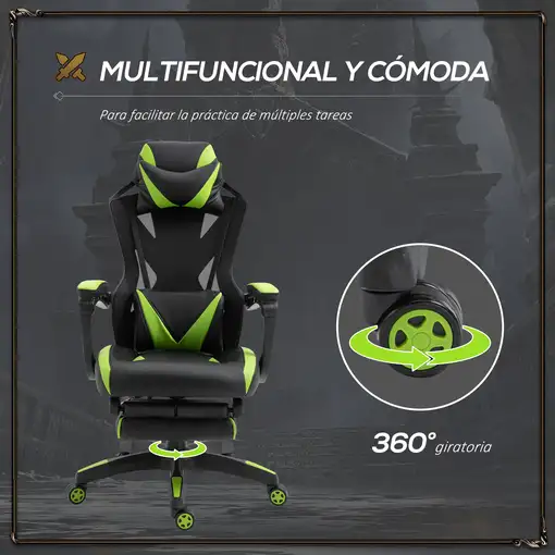 Silla Gaming Ergonómica Oficina Respaldo Regulable 65x70x117-125cmVerde Vinsetto