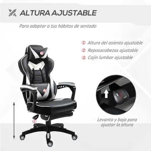 Silla Racing Ergonómica Respaldo Reclinable 65x70x118,5-126,5cm Blanco Vinsetto
