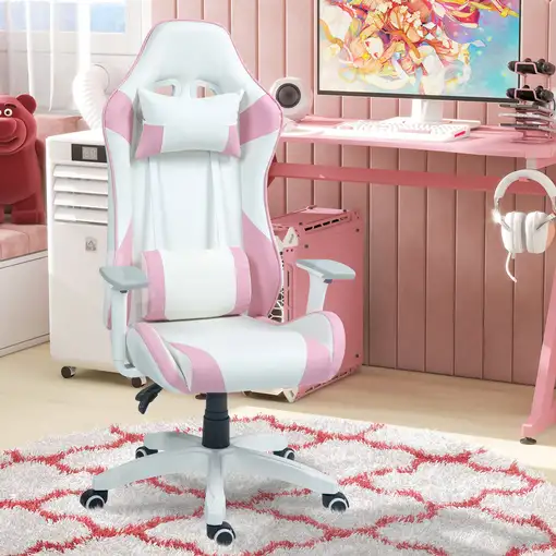 Silla Gaming Reclinable Giratoria con Cojín Lumbar 67x60x120-128 cm Rosa HOMCOM