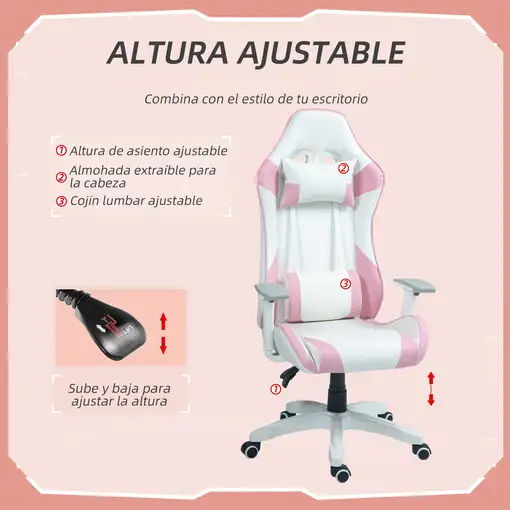 Silla Gaming Reclinable Giratoria con Cojín Lumbar 67x60x120-128 cm Rosa HOMCOM