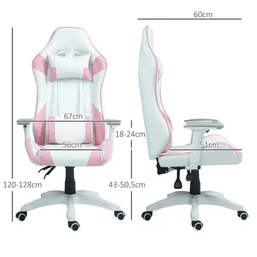 Silla Gaming Reclinable Giratoria con Cojín Lumbar 67x60x120-128 cm Rosa HOMCOM