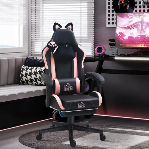 Silla Gaming con Orejas Altura Ajustable Reposapiés Retráctil Negro HOMCOM