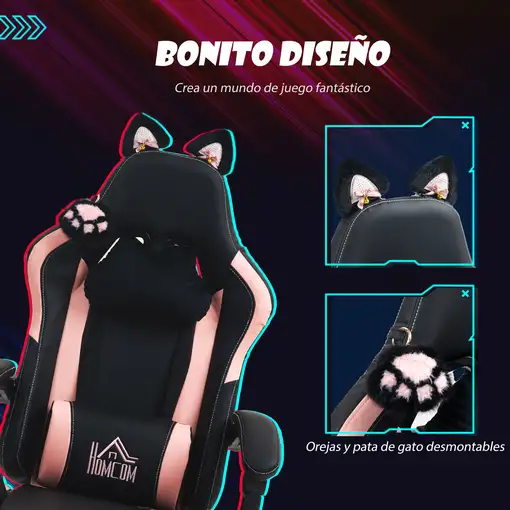 Silla Gaming con Orejas Altura Ajustable Reposapiés Retráctil Negro HOMCOM