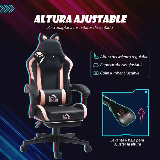 Silla Gaming con Orejas Altura Ajustable Reposapiés Retráctil Negro HOMCOM