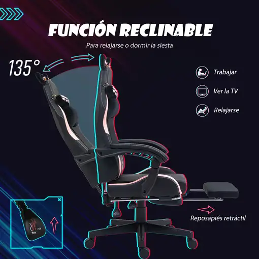 Silla Gaming con Orejas Altura Ajustable Reposapiés Retráctil Negro HOMCOM