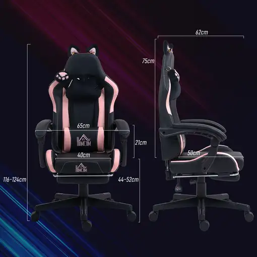 Silla Gaming con Orejas Altura Ajustable Reposapiés Retráctil Negro HOMCOM