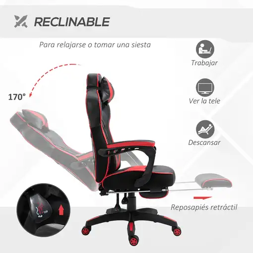 Silla Racing Ergonómica Respaldo Reclinable 65x70x118,5-126,5cm Rojo Vinsetto