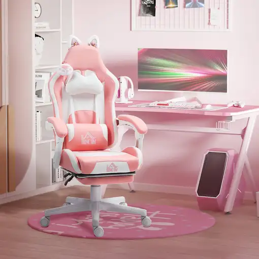 Silla Gaming con Orejas Altura Ajustable Reposapiés Retráctil Rosa HOMCOM