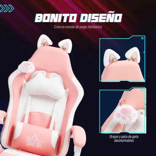 Silla Gaming con Orejas Altura Ajustable Reposapiés Retráctil Rosa HOMCOM
