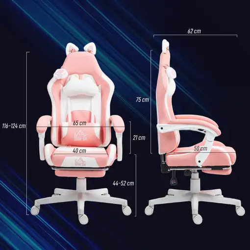 Silla Gaming con Orejas Altura Ajustable Reposapiés Retráctil Rosa HOMCOM