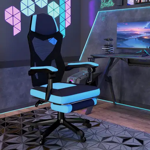Silla Gaming con Reposapiés Retráctil Respaldo Reclinable Azul Vinsetto