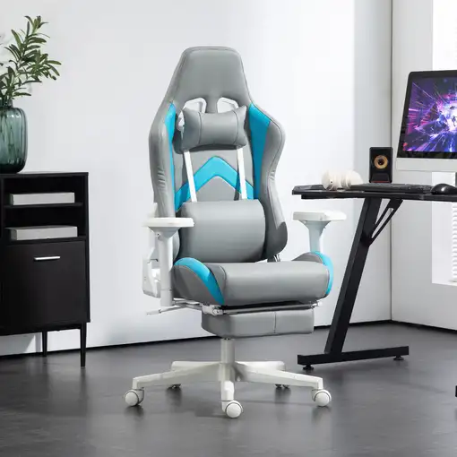 Silla Gaming Reclinable con Altura Ajustable Gris Claro y Azul HOMCOM