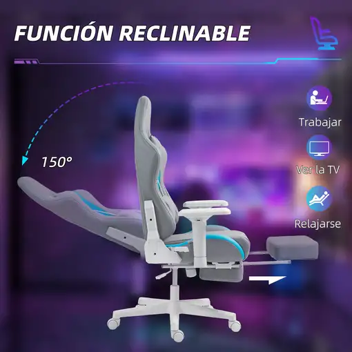 Silla Gaming Reclinable con Altura Ajustable Gris Claro y Azul HOMCOM