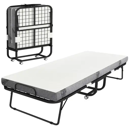 Cama Plegable 200x90x42,5 cm con Colchón Individual Ruedas Salón Oficina HOMCOM