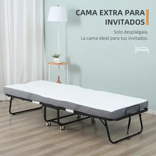 Cama Plegable 200x90x42,5 cm con Colchón Individual Ruedas Salón Oficina HOMCOM