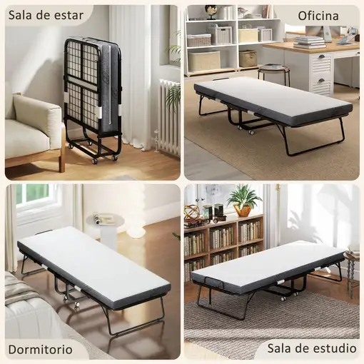 Cama Plegable 200x90x42,5 cm con Colchón Individual Ruedas Salón Oficina HOMCOM