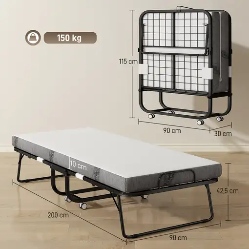 Cama Plegable 200x90x42,5 cm con Colchón Individual Ruedas Salón Oficina HOMCOM