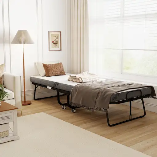 Cama Plegable 200x80x42,5 cm con Colchón Individual Ruedas Salón Oficina HOMCOM