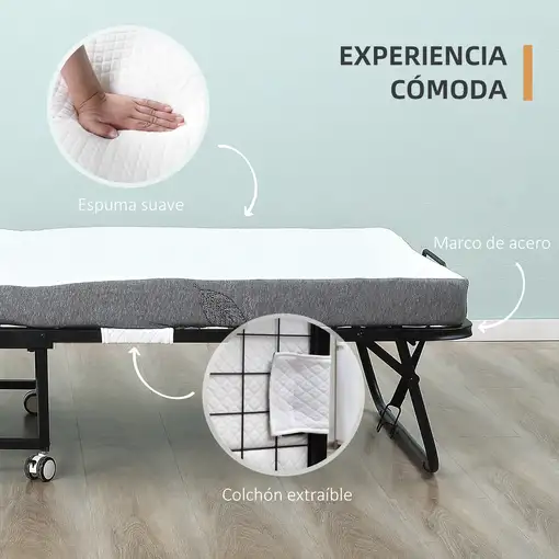 Cama Plegable 200x80x42,5 cm con Colchón Individual Ruedas Salón Oficina HOMCOM