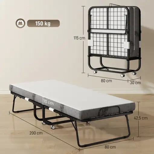 Cama Plegable 200x80x42,5 cm con Colchón Individual Ruedas Salón Oficina HOMCOM