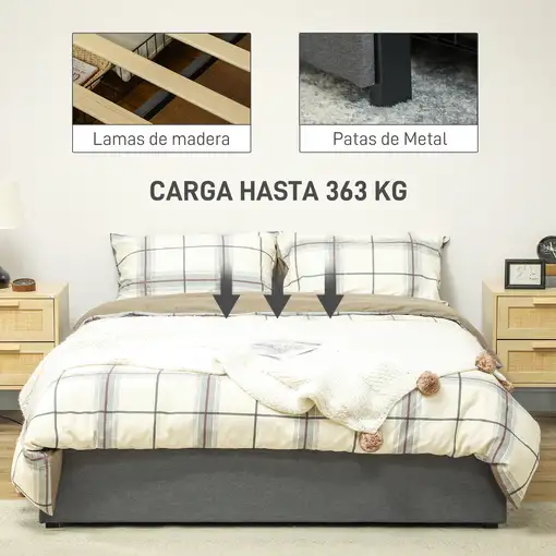 Cama Doble 140x190 cm con 3 Cajones y Estructura de Metal Gris HOMCOM