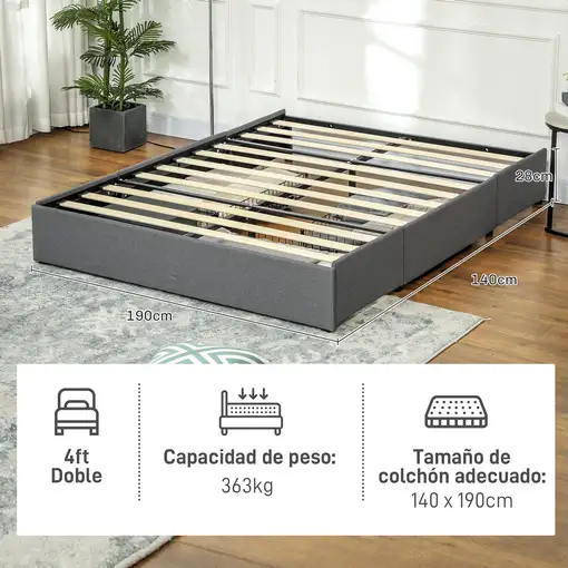 Cama Doble 140x190 cm con 3 Cajones y Estructura de Metal Gris HOMCOM