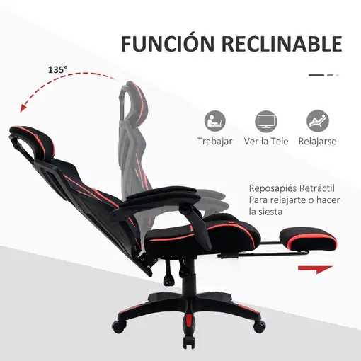 Silla Gaming Reclinablecon Reposapiés Retráctil Altura Ajustable Rojo Vinsetto