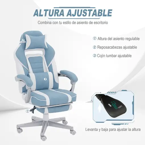 Silla Gaming Reclinable con Reposapiés Retráctil Soporte Lumbar Azul HOMCOM