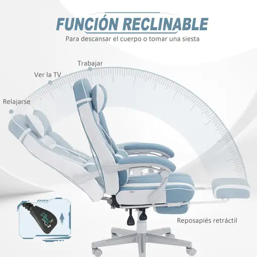Silla Gaming Reclinable con Reposapiés Retráctil Soporte Lumbar Azul HOMCOM
