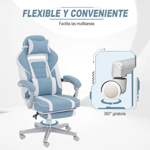 Silla Gaming Reclinable con Reposapiés Retráctil Soporte Lumbar Azul HOMCOM