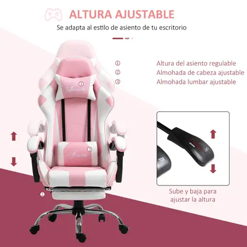 Silla Gaming Reclinable Reposacabezas Reposapiés 64x67x119-127 cm Rosa Vinsetto