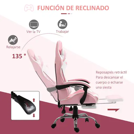 Silla Gaming Reclinable Reposacabezas Reposapiés 64x67x119-127 cm Rosa Vinsetto