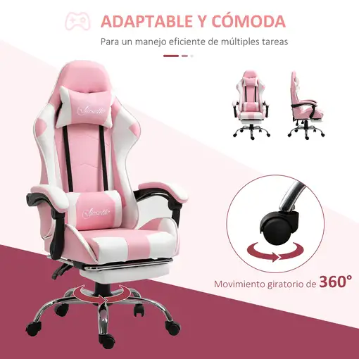 Silla Gaming Reclinable Reposacabezas Reposapiés 64x67x119-127 cm Rosa Vinsetto