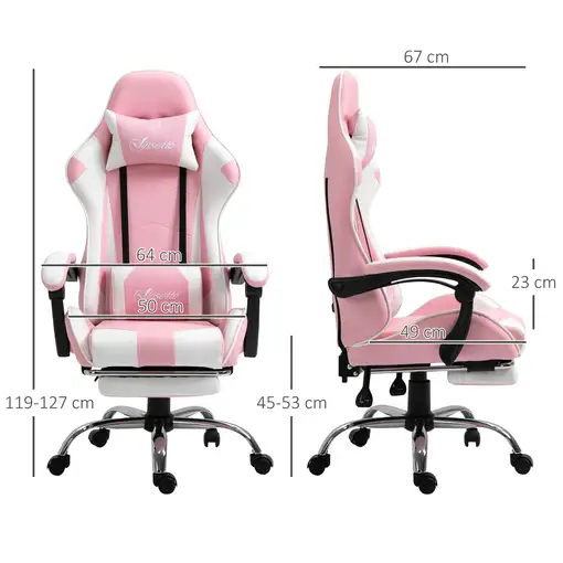 Silla Gaming Reclinable Reposacabezas Reposapiés 64x67x119-127 cm Rosa Vinsetto