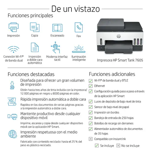 HP Smart Tank 7605 Inalámbrico All-in-One Color Impresora, Impresión a doble cara;