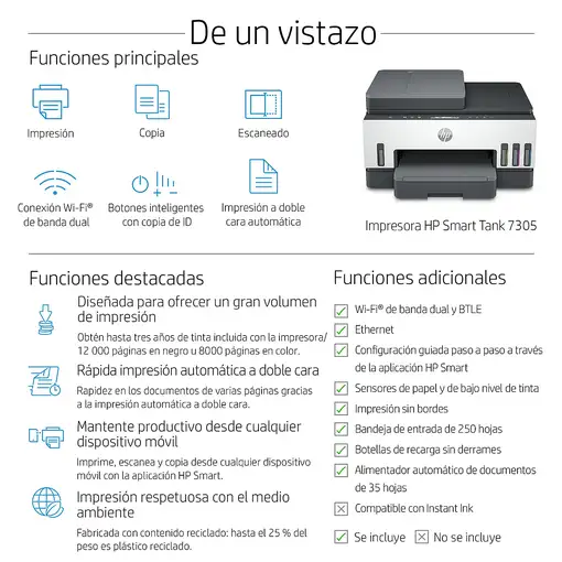 HP Smart Tank 7305 Inalámbrico All-in-One Color Impresora, Impresión a doble cara;