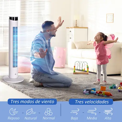 Ventilador de Torre Oscilante 45W con Control Remoto Ø31,5x93 cm Blanco HOMCOM