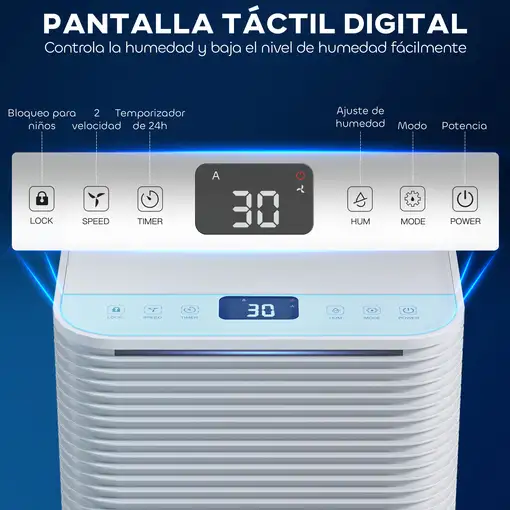 Deshumidificador 10L/día Silencioso con 3 Modos Pantalla LED Blanco HOMCOM