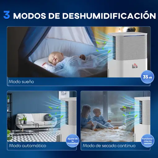 Deshumidificador 10L/día Silencioso con 3 Modos Pantalla LED Blanco HOMCOM