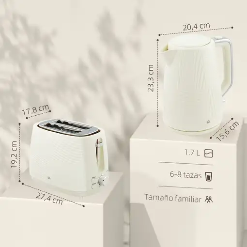 Juego de Tostador para 2 Rebanadas y Hervidor 2200W 1,7L Crema HOMCOM