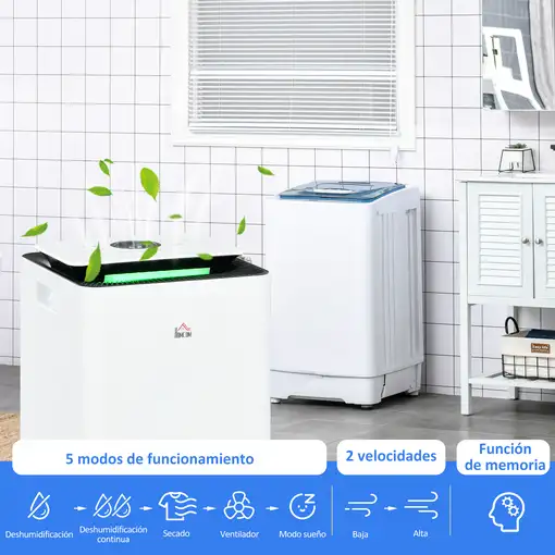 Deshumidificador Eléctrico con 5 Modos 12L/día 210W 25x25x50,5 cm Blanco HOMCOM