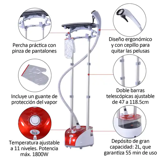 Cepillo de Vapor para Ropa 1800W Temperatura Ajustable a 11 Niveles 2L HOMCOM