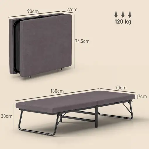 Cama Plegable 70x180 cm con Colchón de Espuma y Ruedas Marrón HOMCOM