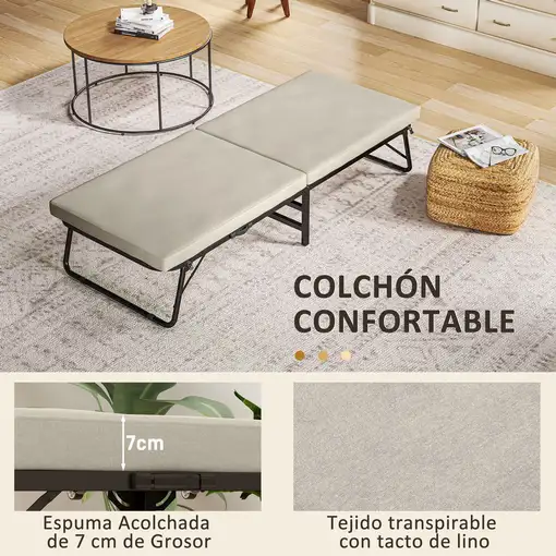Cama Plegable 70x180 cm con Colchón de Espuma y Ruedas Crema HOMCOM