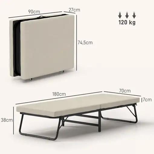 Cama Plegable 70x180 cm con Colchón de Espuma y Ruedas Crema HOMCOM