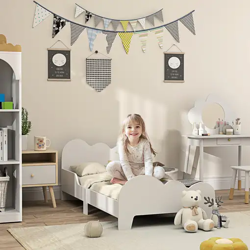 Cama para Niños de +3 Años 140x70 cm con Barandilla Carga 80 kg Blanco AIYAPLAY