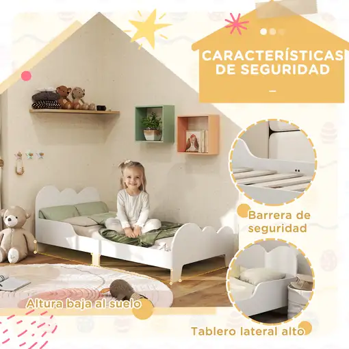 Cama para Niños de +3 Años 140x70 cm con Barandilla Carga 80 kg Blanco AIYAPLAY