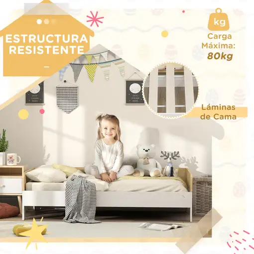 Cama para Niños de +3 Años 140x70 cm Carga 80 kg Blanco y Natural AIYAPLAY